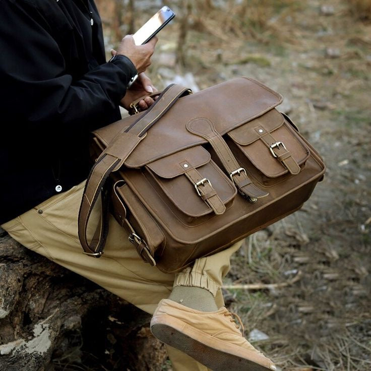 Genuine Leather 4-Pocket Laptop Bag 16x12x5 Inch – Vintage Office Messenger & Travel Briefcase